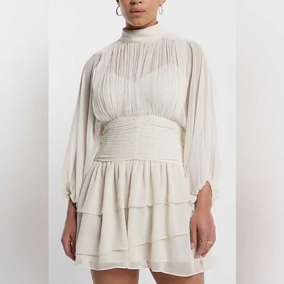 Express Mock Neck Long Sleeve Pleated Waist Tiered Ruffle Mini Dress - Picture 9 of 10
